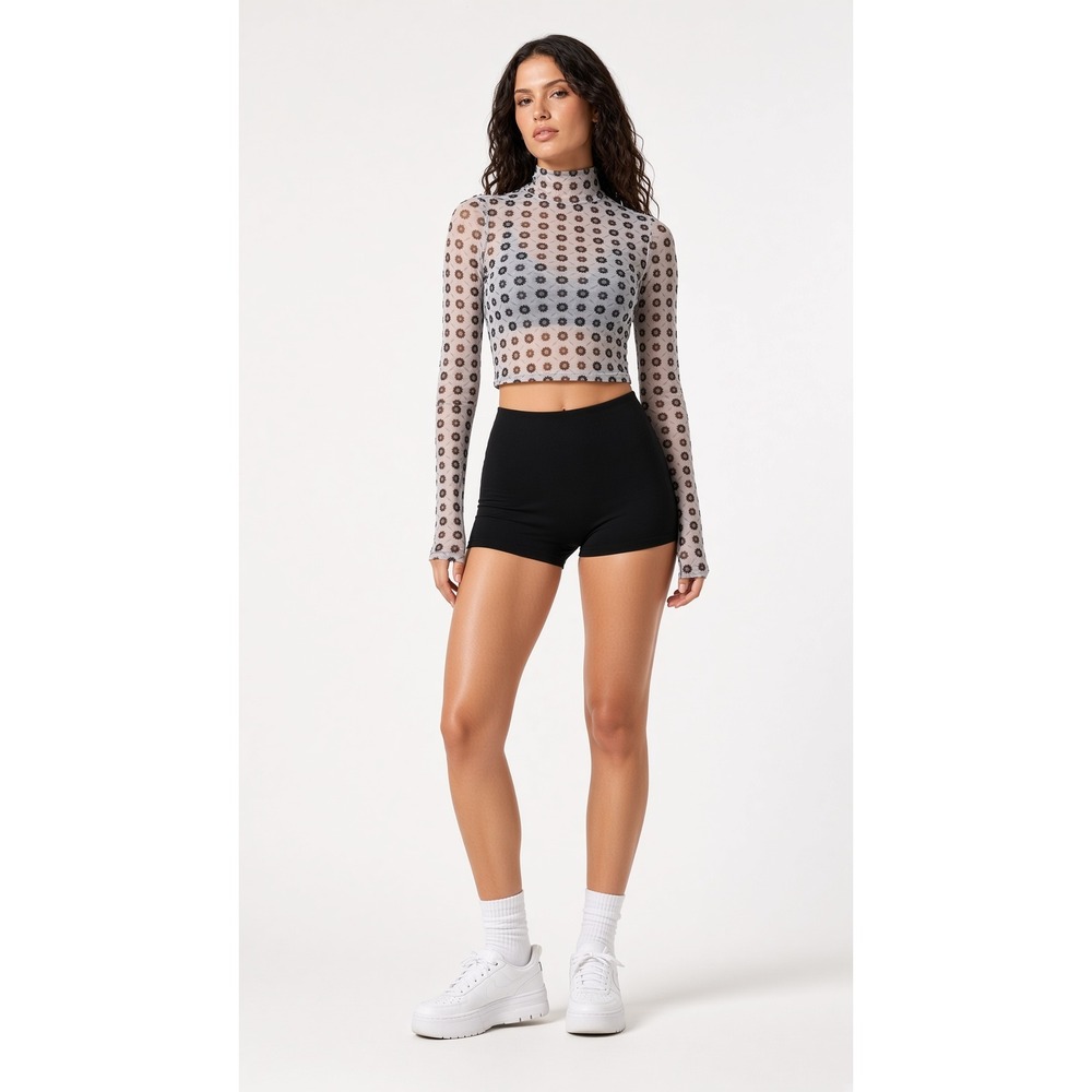 Savage X Fenty Sport Sheer Mesh Mock Neck Cropped Top M Floral Mod Grunge